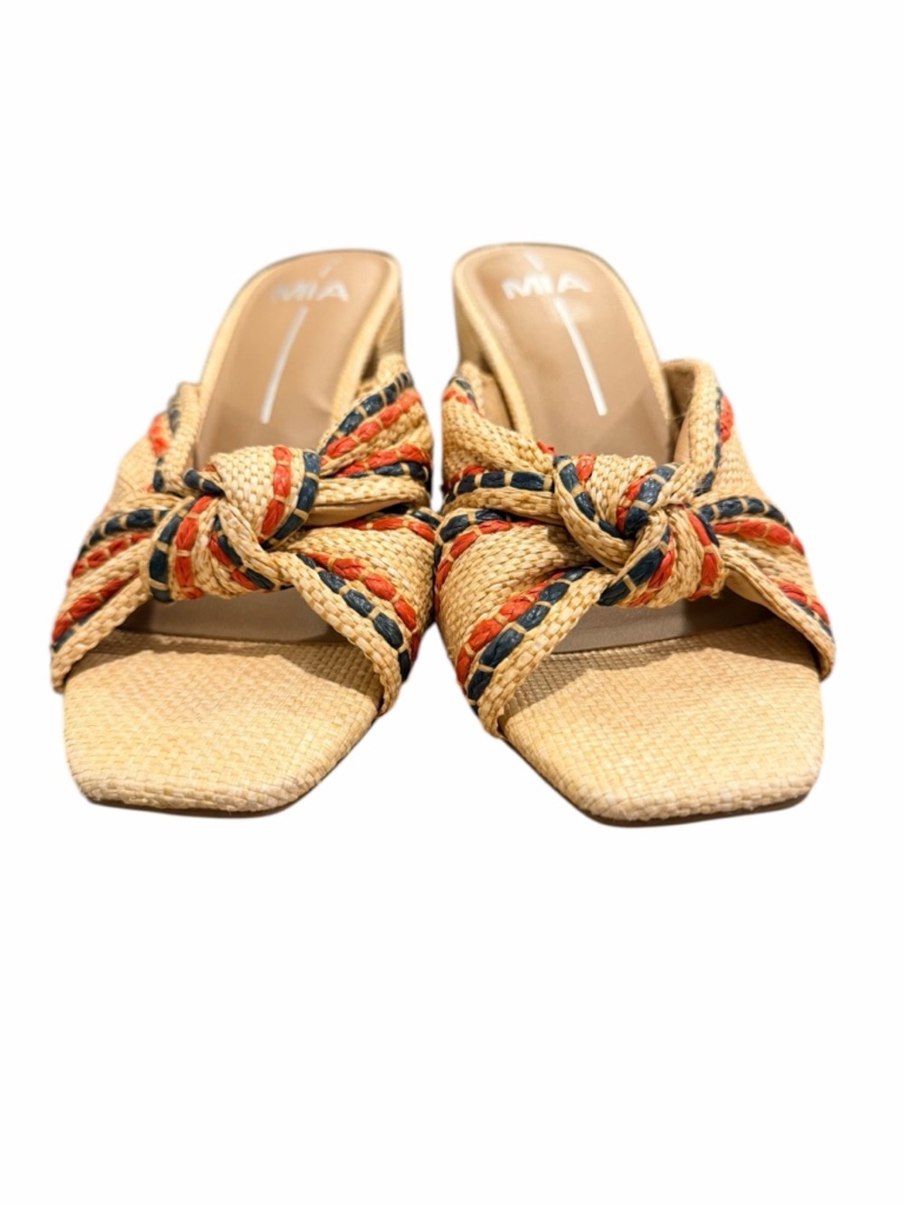 MIA Tan Braided Knot Mules with Red & Navy Trim - Picture 10 of 11
